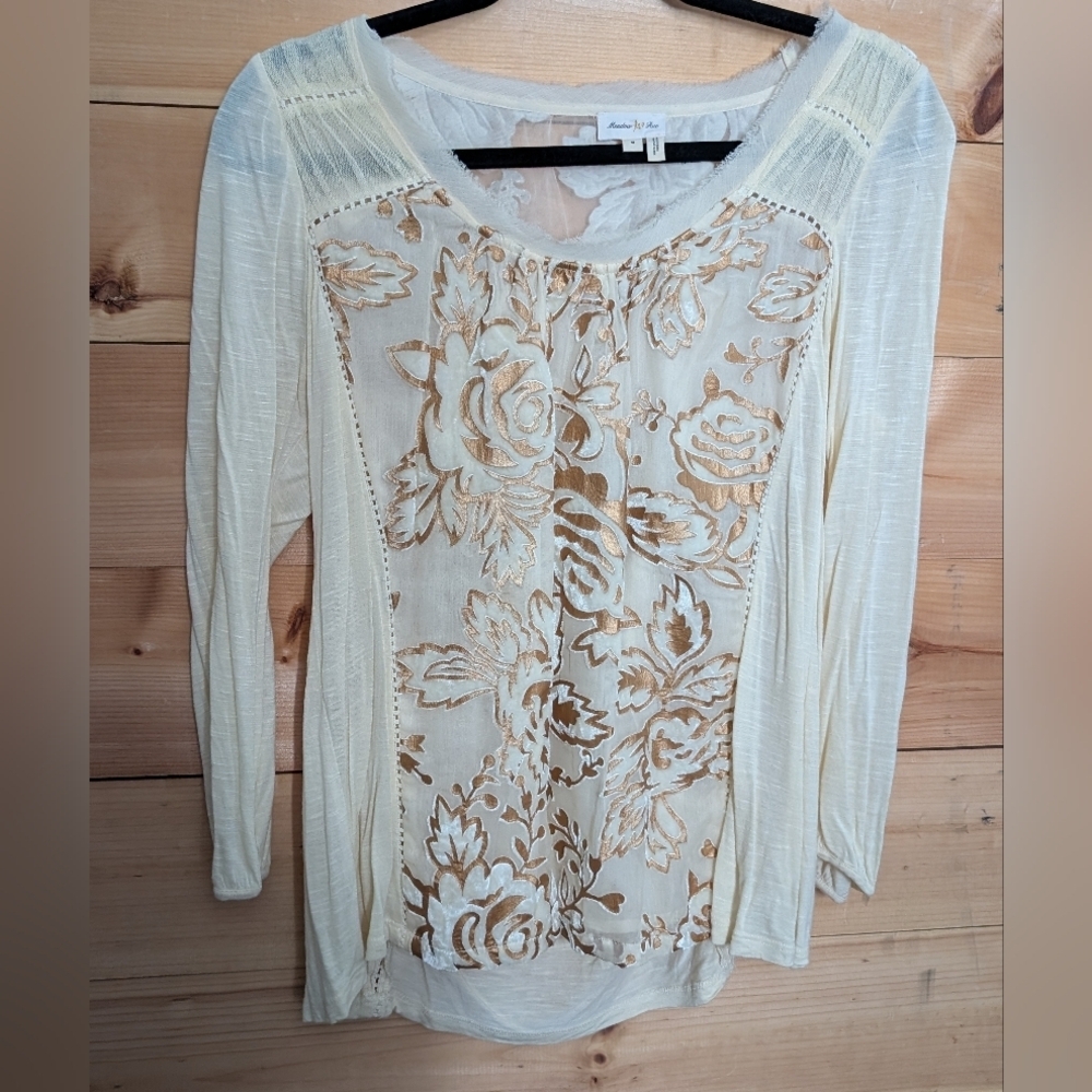 Anthropologie Meadow Rue Cream and Gold Floral Shirt,Medium, Wonderful Condition